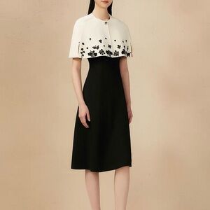 Black & White Floral Midi Dress and Short Cape Set with Crystal, Beads & Sequins